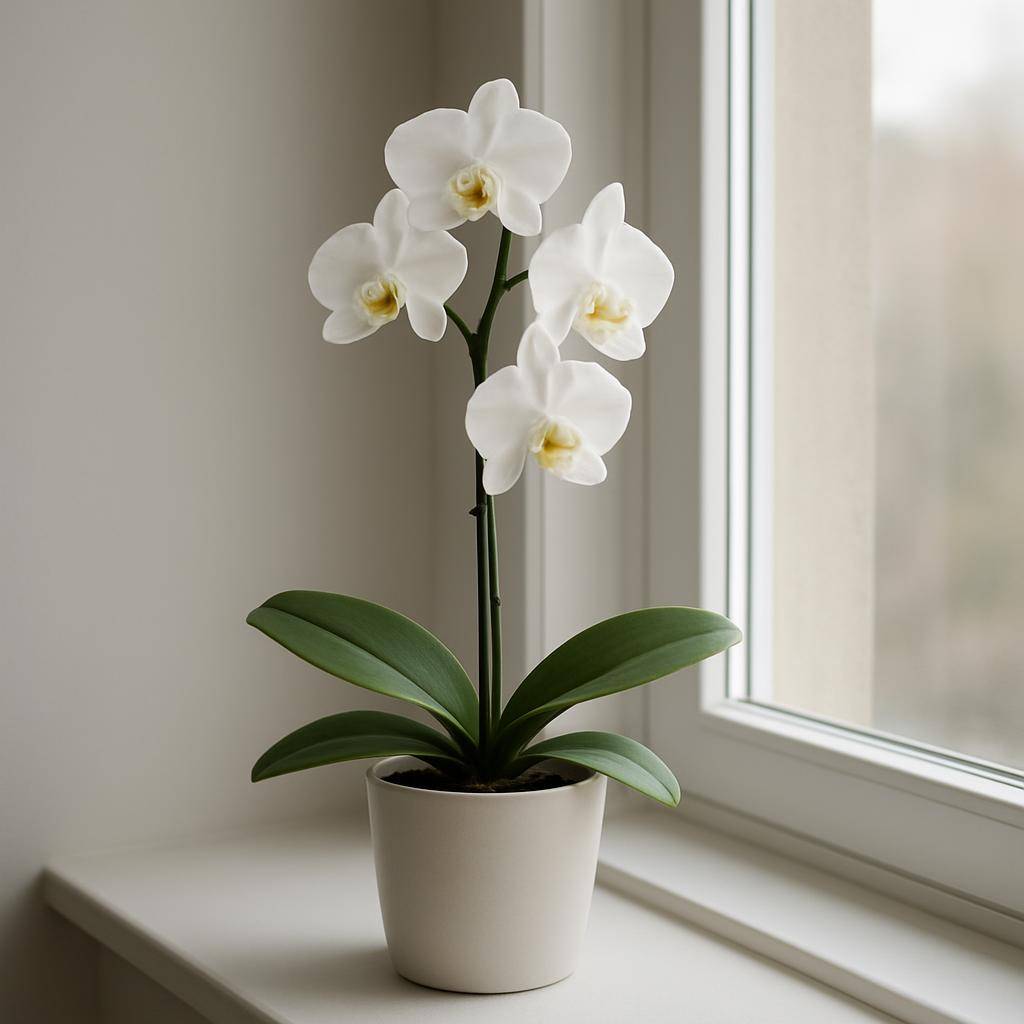 En orkidé i blomstring i en potte ved en lys vindueskarm