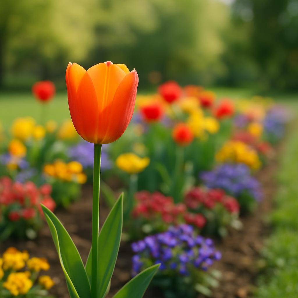 Naerbillede af tulipan i foraarshave med farverige blomster Naerbillede af tulipan i foraarshave med farverige blomster