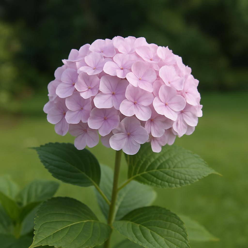 Hortensia i have med blå og hvide kugleformede blomster