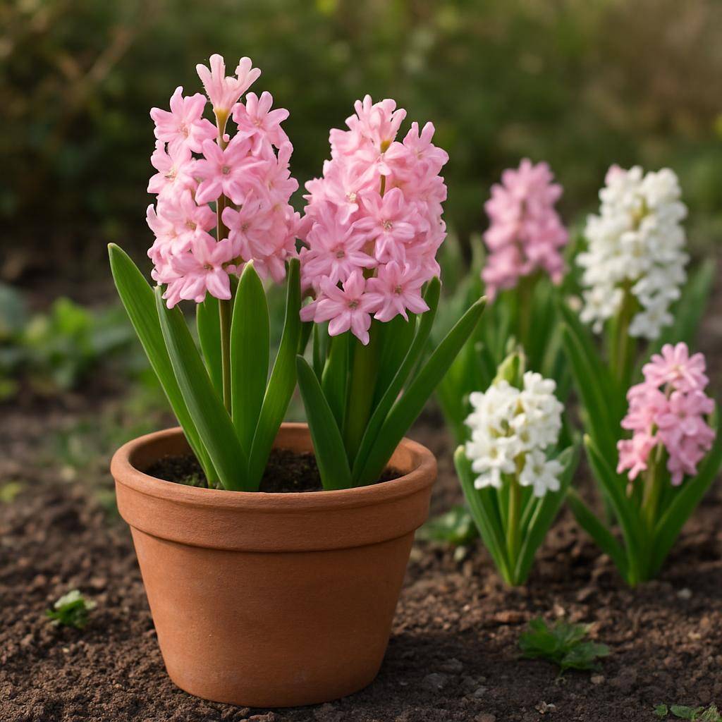 Nært billede af en hyacint i blomst i en potte