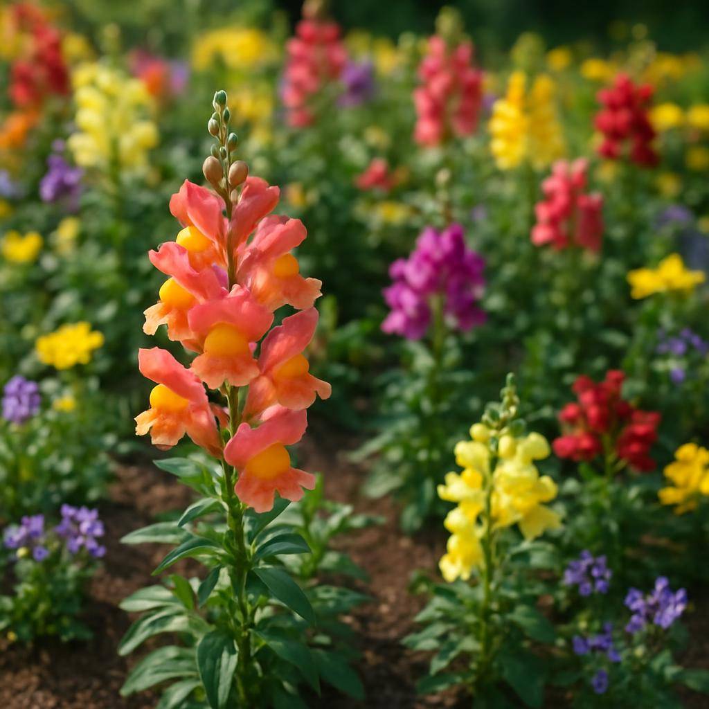 Løvemund plante i havebed med farverige blomster Løvemund plante i havebed med farverige blomster