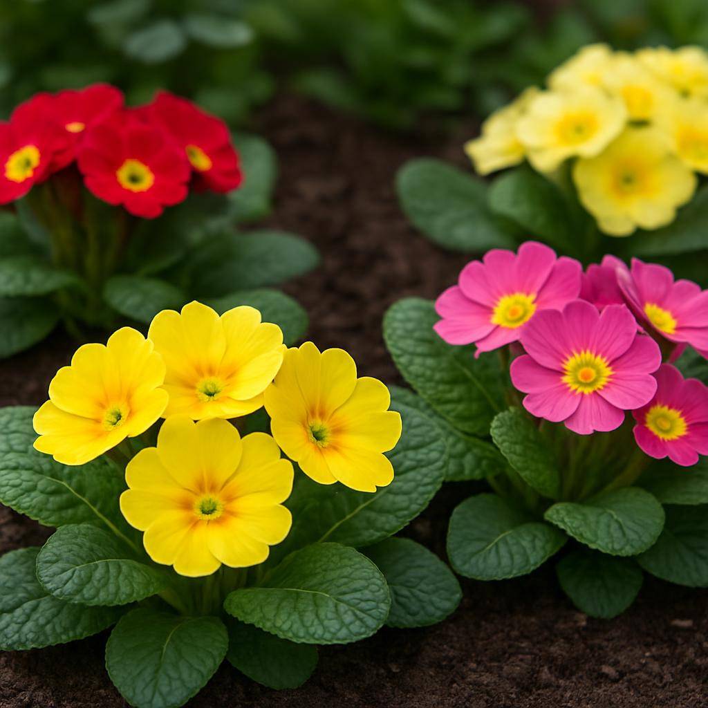 Primula i havebed med grønne blade og farverige blomster