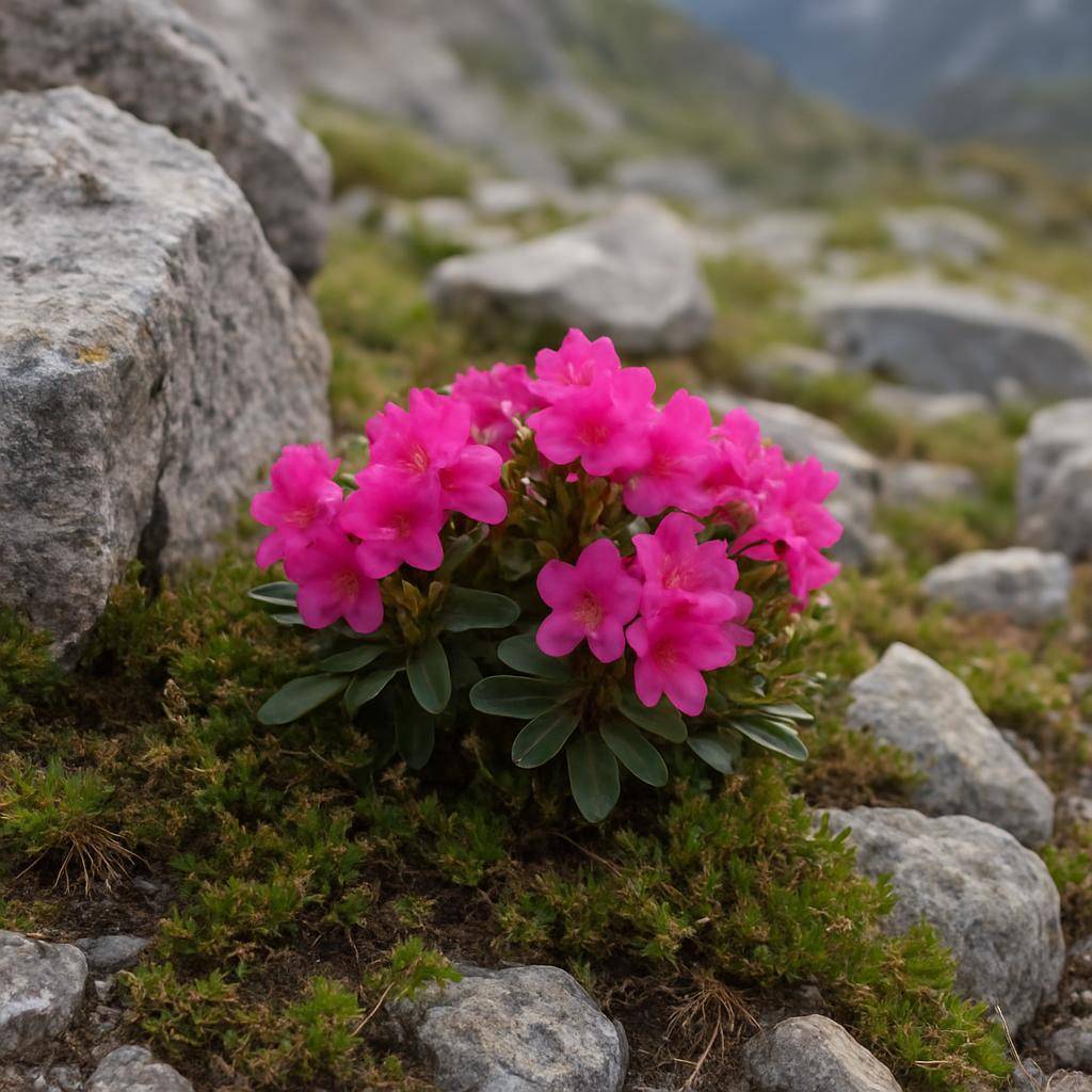 Alpeviol i naturmiljø med violette blomster i klippehave