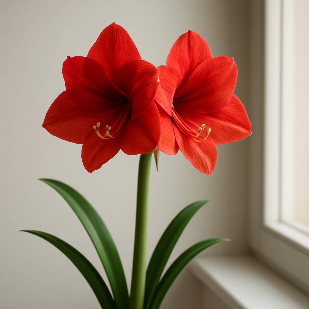 Amaryllis i blomstring på vindueskarm