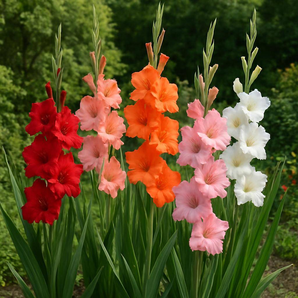 Gladiolus blomster i et solrigt havebed