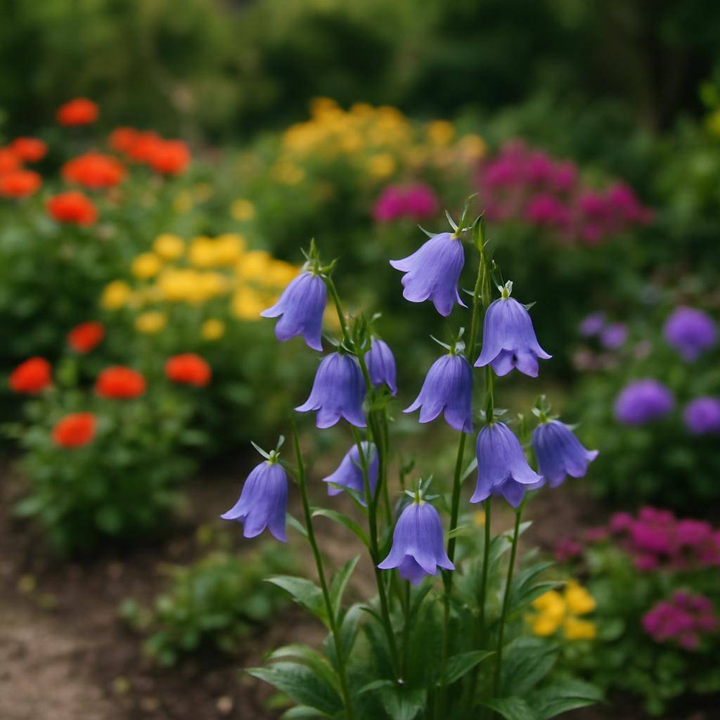 Klokkeblomst i en have med farverige blomster og grønt omkring