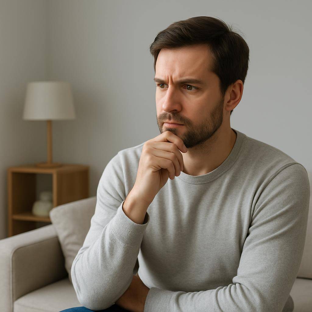 Person sidder i en rolig stue og ser eftertænksom ud, symboliserer introspektion omkring relationer og adfærd