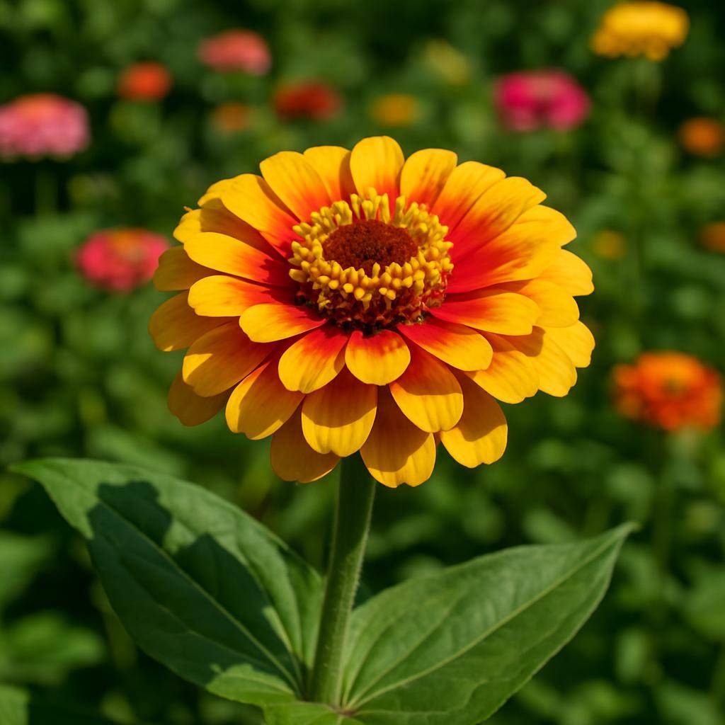 Farverig zinnia i havebed under sollys Farverig zinnia i havebed under sollys