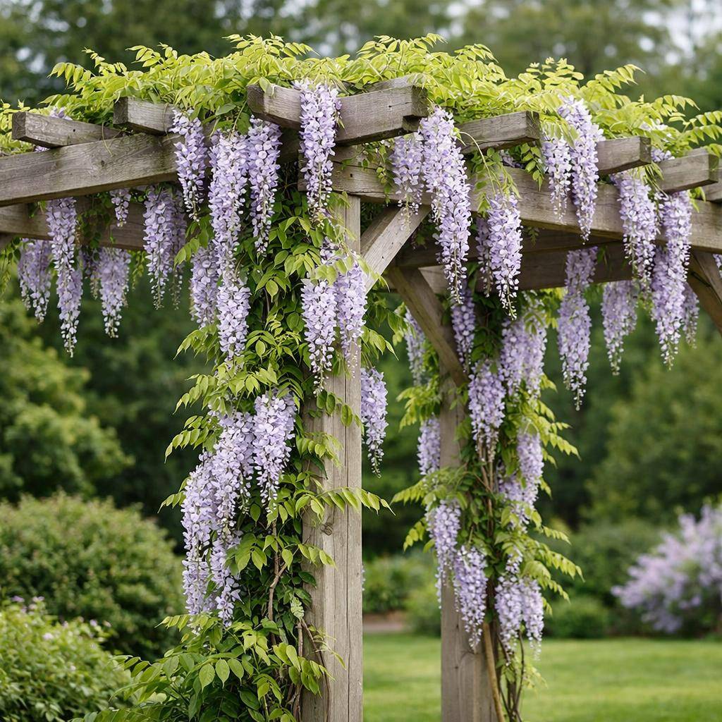Blåregn klatrer op ad en pergola i en have med lilla blomster