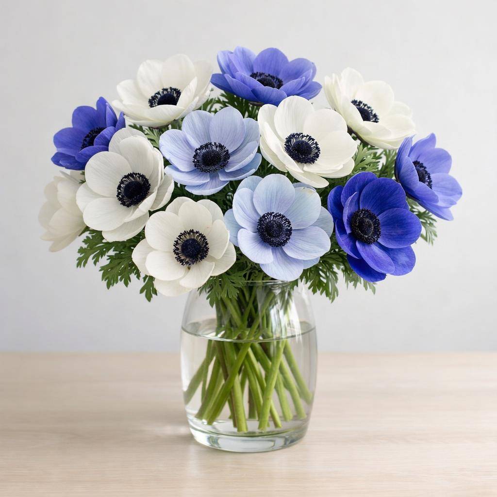 Nærbillede af en buket anemoner i hvide og blå nuancer i en vase