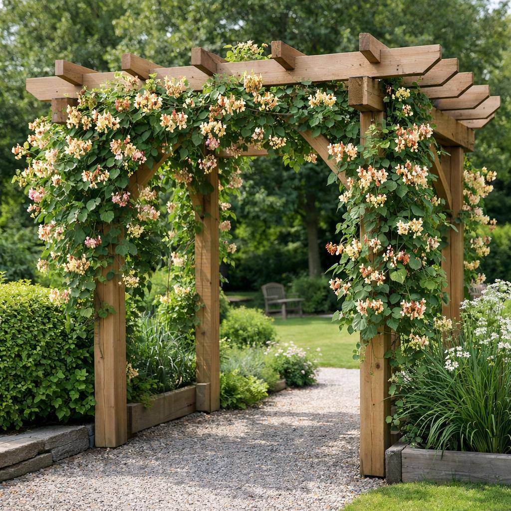 Kaprifolie i haven pa espalier med duftende blomster Kaprifolie i haven pa espalier med duftende blomster