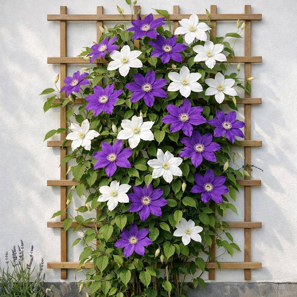 Klematis klatrer op ad espalier i en dansk have