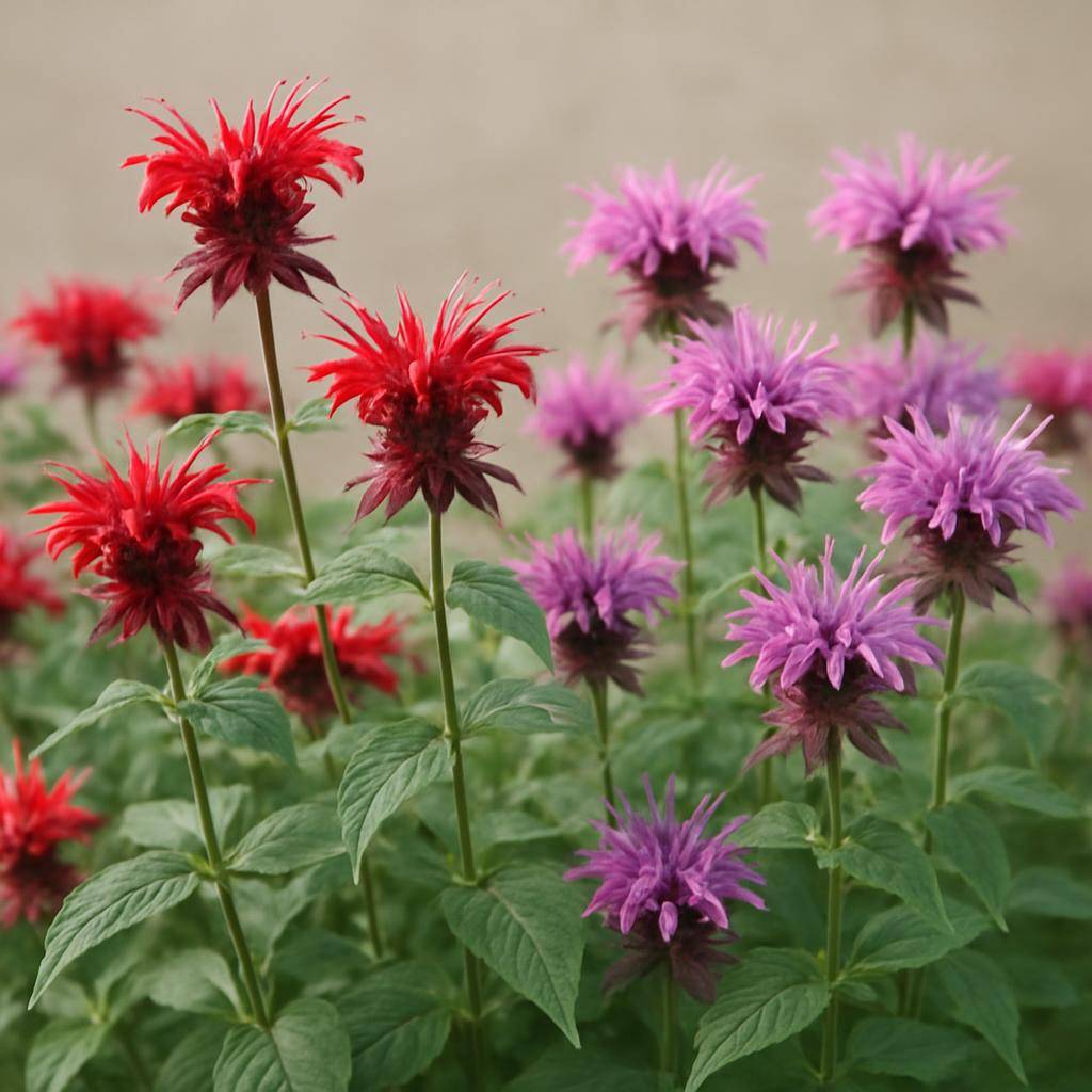 Monarda i havebed med farverige blomster og duftende blade Monarda i havebed med farverige blomster og duftende blade