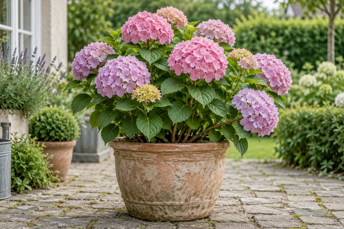 Hortensia i krukke på en terrasse Lyserød hortensia i en stor terrakottakrukke på en terrasse