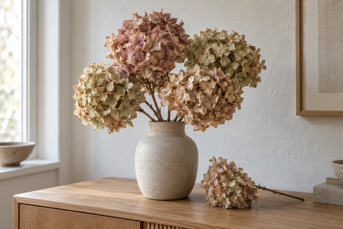 Tørrede hortensiaer i en vase Tørrede hortensiablomster i dæmpede rosa og grønne nuancer i en keramisk vase